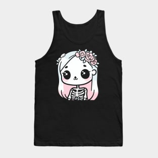 Cute Skeleton Girl with Flowers on Her Hair | Halloween Design in Kawaii Style Tank Top